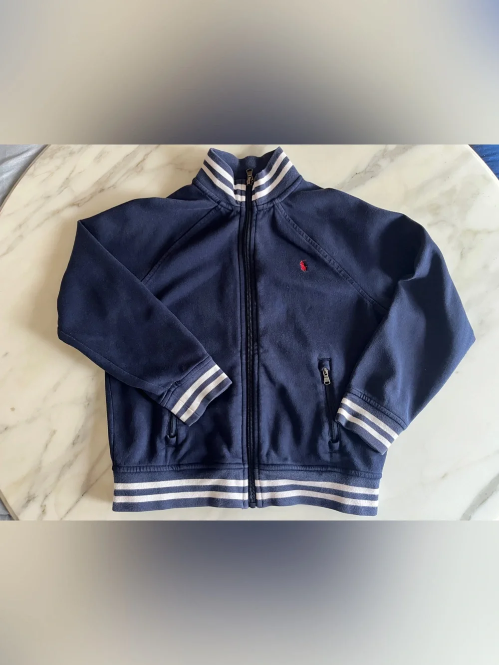 Kids Ralph Lauren Navy Blue Jacket with Striped Trim Size 7